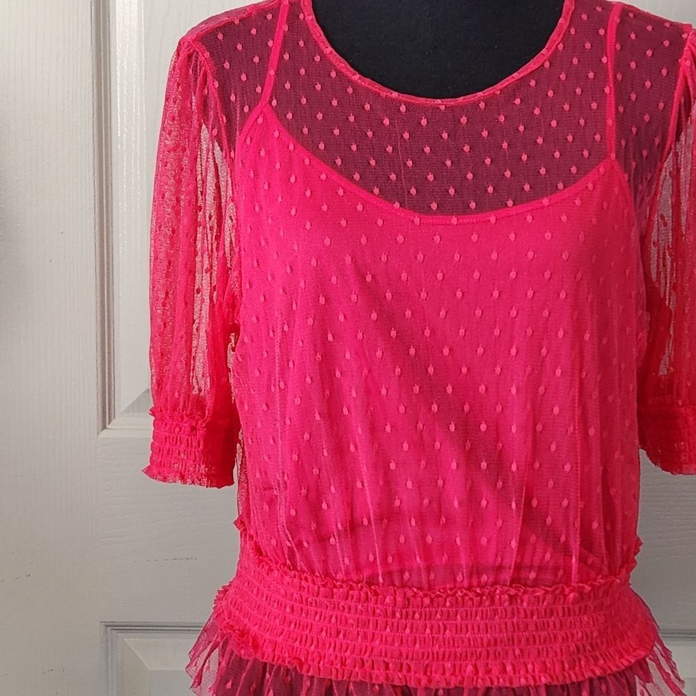 Semi Sheer Polka-Dot Tulle Blouse/Tank HOT PINK Feminine Romantic 90s Y2K - Picture 6 of 10